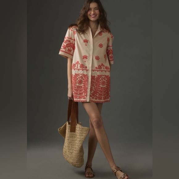 Anthropologie Dresses & Skirts - Maeve Anthropologie Embroidered Shirt Dress Utility Safari Style Tan Coral Large